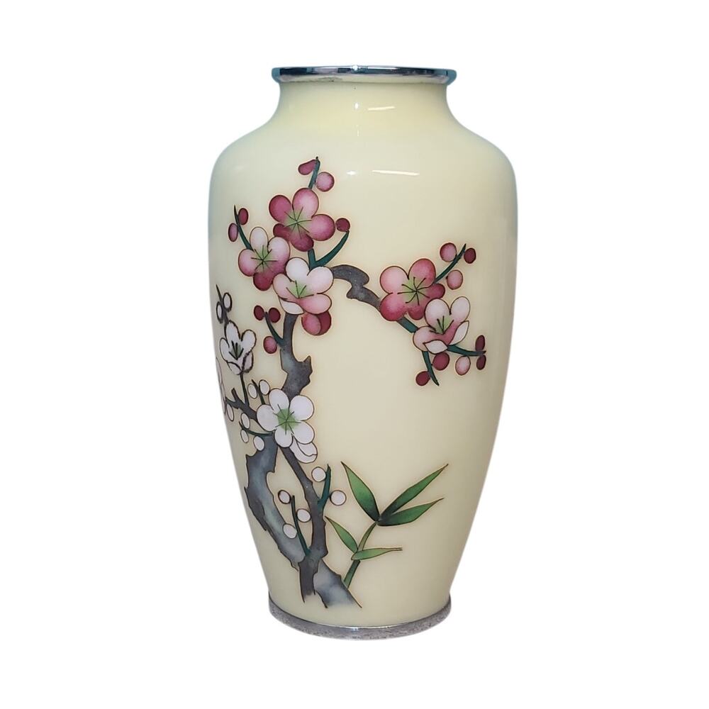 Vintage Japanese Cloisonné Enamel Vase 6” Cream Cherry Plum Blossom Bamboo